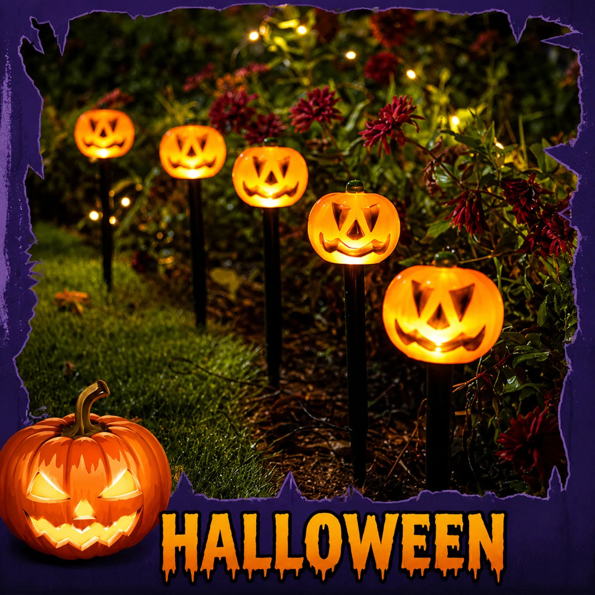 Halloween Solar Stake Lights Pumpkin & Ghost Set of 5 IP65 Outdoor-Rated