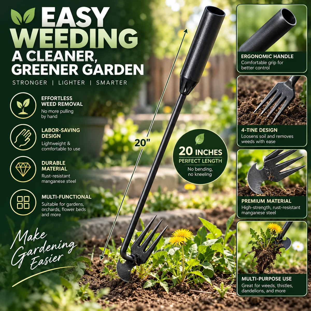 Hand Weeder 4 Tine Hardened Rust-Resistant Steel