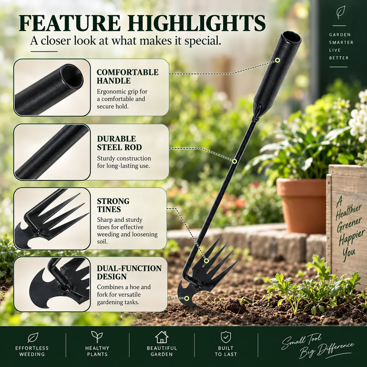Hand Weeder 4 Tine Hardened Rust-Resistant Steel