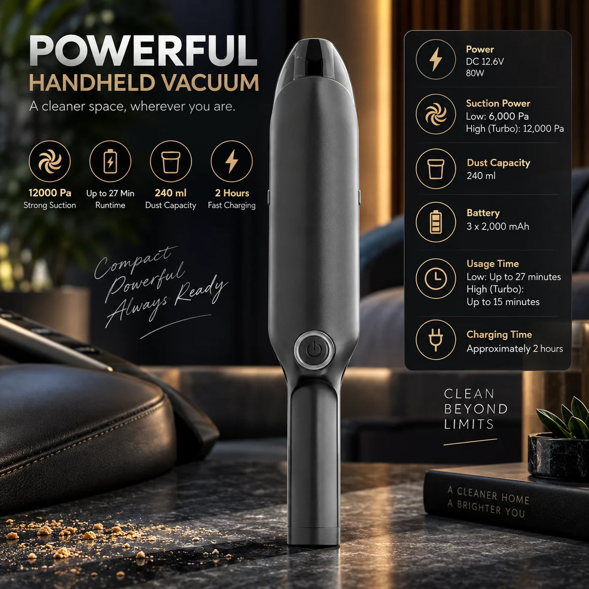 Handheld Vacuum Cordless Turbo Suction USB Rechargeable