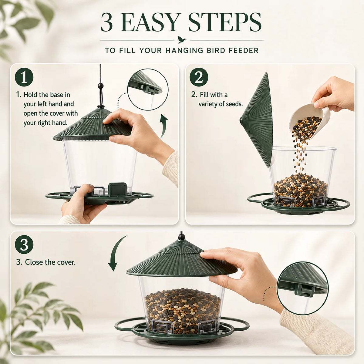 Hanging Bird Feeder Gravity-Fed Corrosion-Resistant Plastic