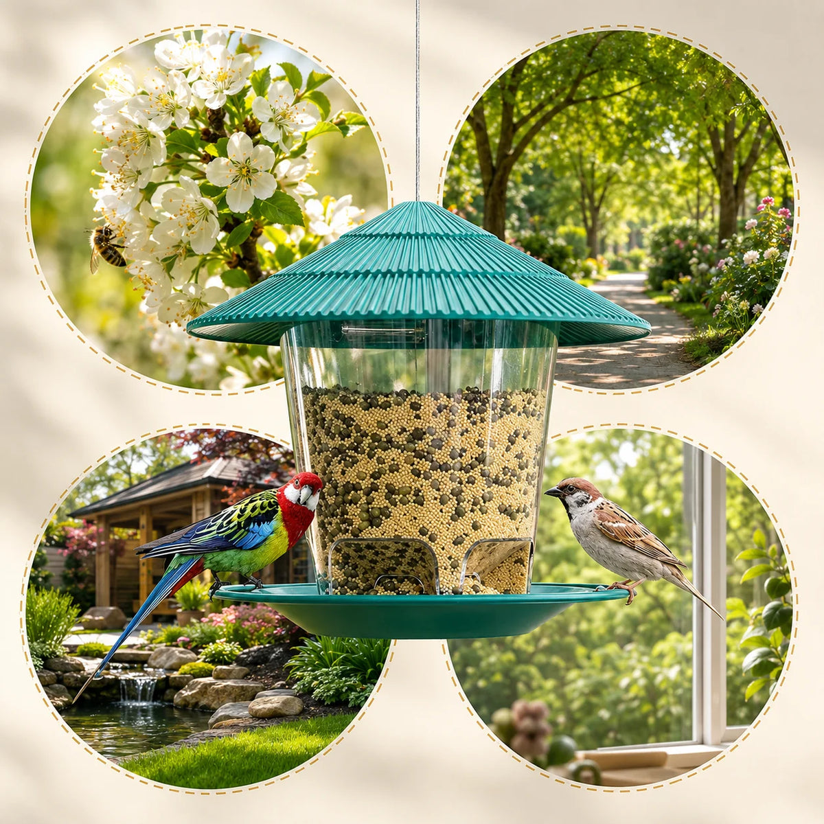 Hanging Bird Feeder Gravity-Fed Corrosion-Resistant Plastic