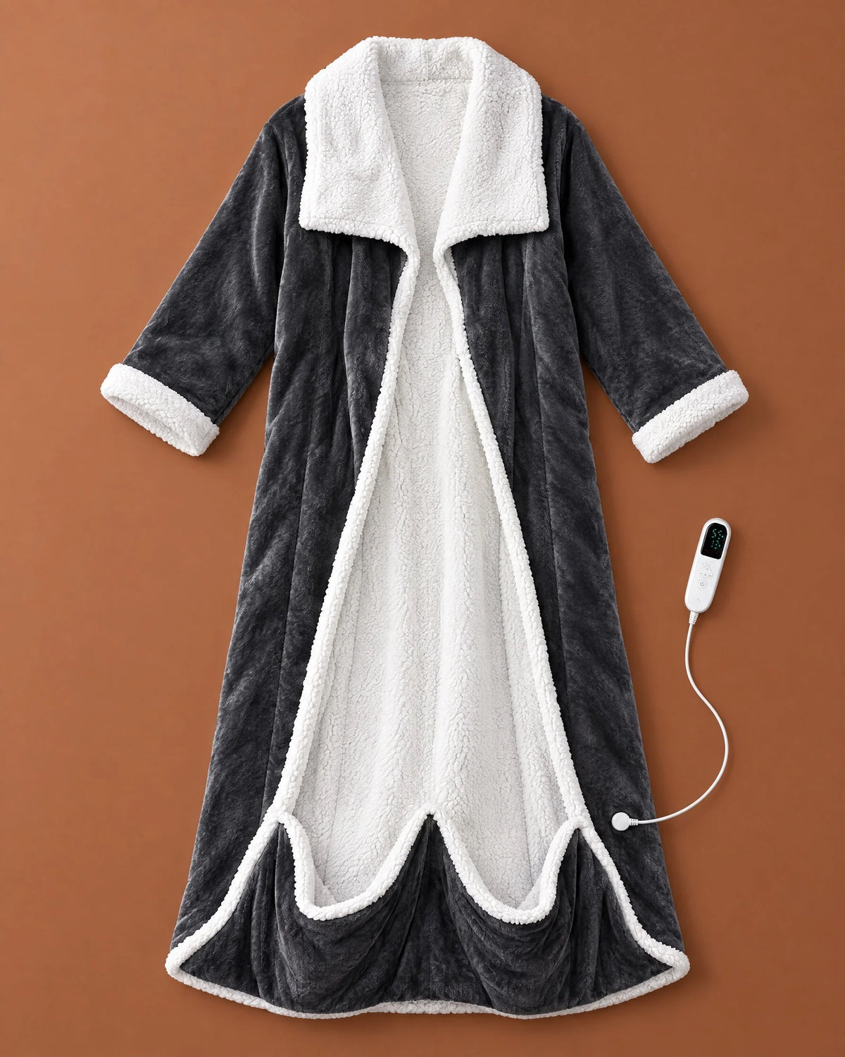 Heated Blanket Robe Full Sleeves Sherpa Foot Pocket Adjustable Heat