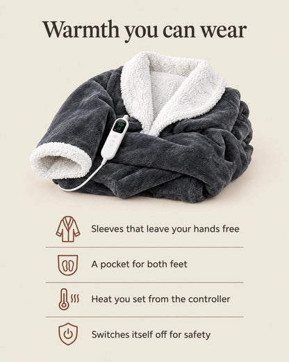 Heated Blanket Robe Full Sleeves Sherpa Foot Pocket Adjustable Heat