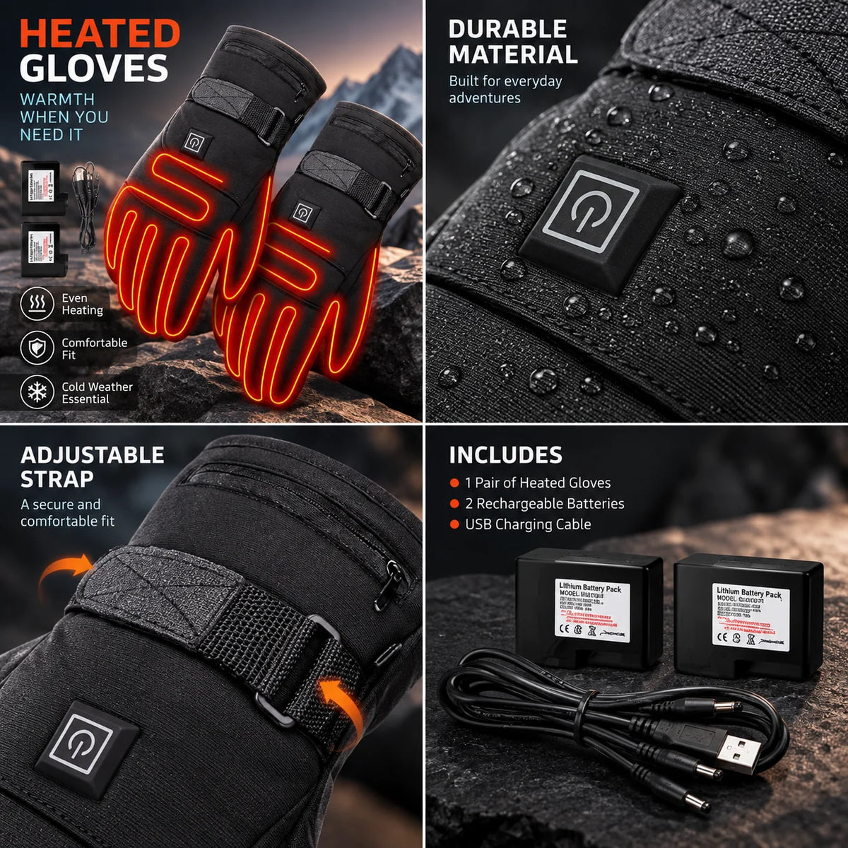 Heated Gloves Rechargeable Fleece-Lined Touchscreen & Grip