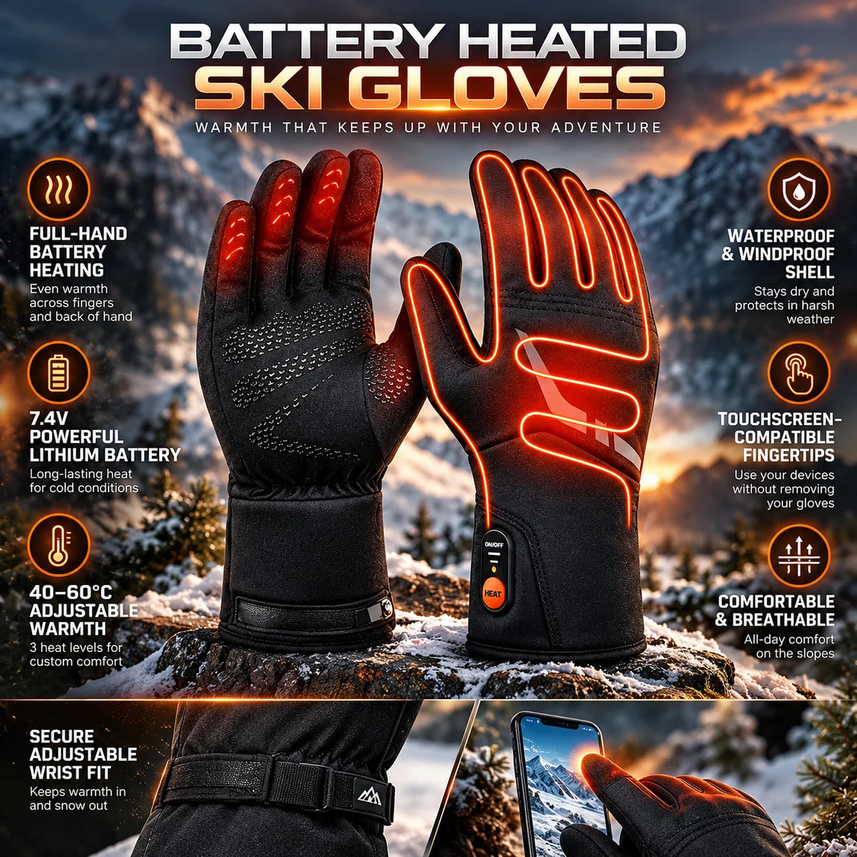 Heated Gloves Rechargeable Waterproof Touchscreen
