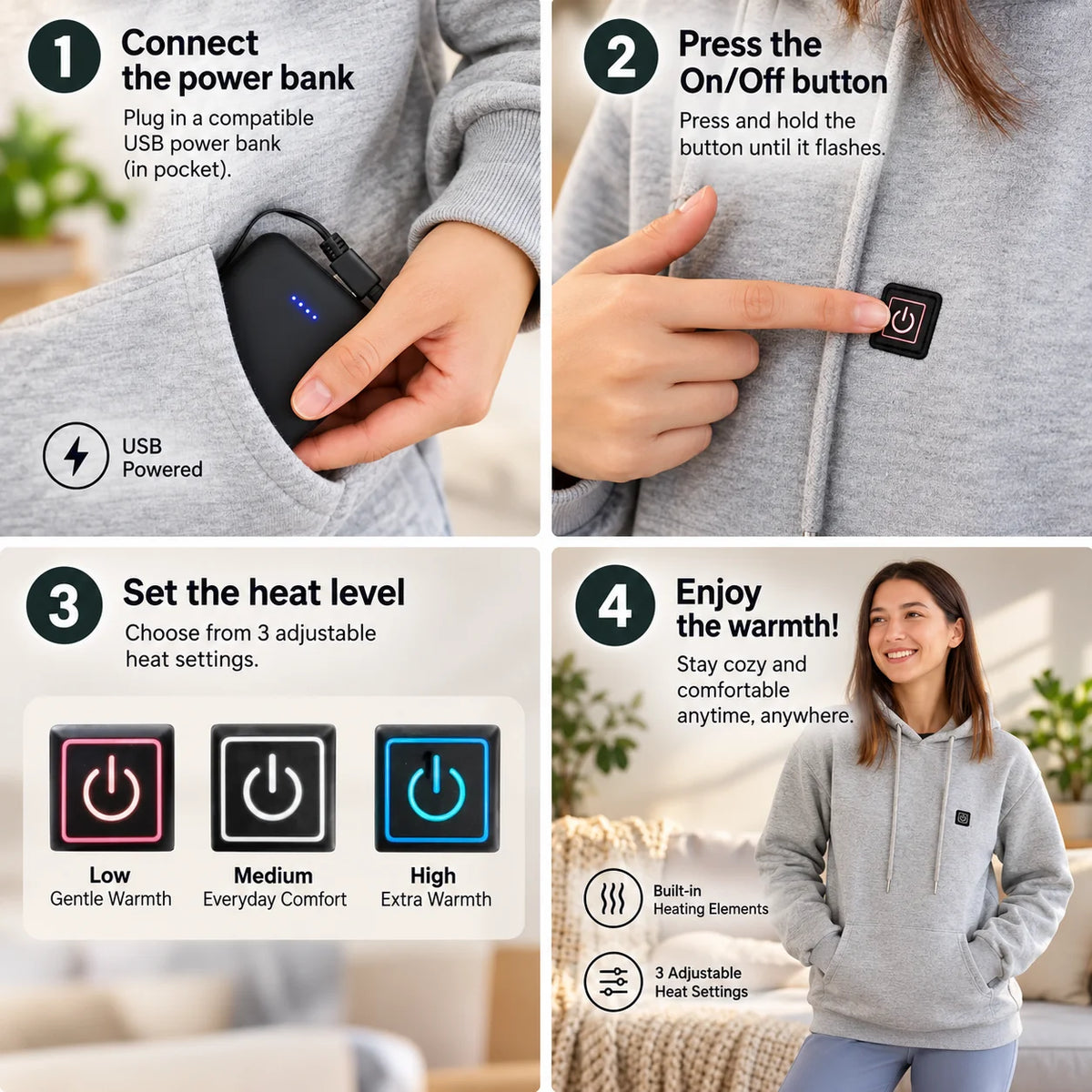 Heated Hoodie USB Powered 3 Heat Settings Unisex Fit