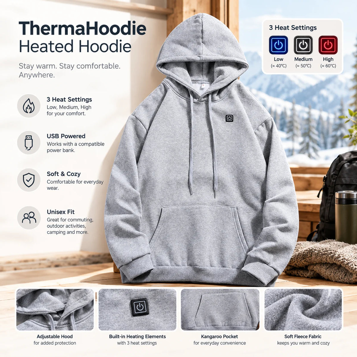 Heated Hoodie USB Powered 3 Heat Settings Unisex Fit