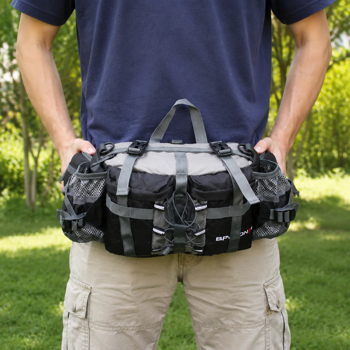 Hiking Waist Pack Dual Bottle Holders Water-Resistant Nylon Multi-Pocket Design