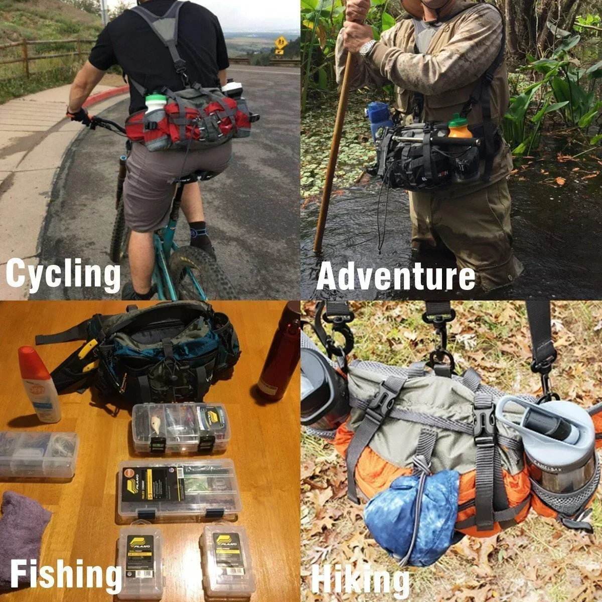 Hiking Waist Pack Dual Bottle Holders Water-Resistant Nylon Zippered Pockets