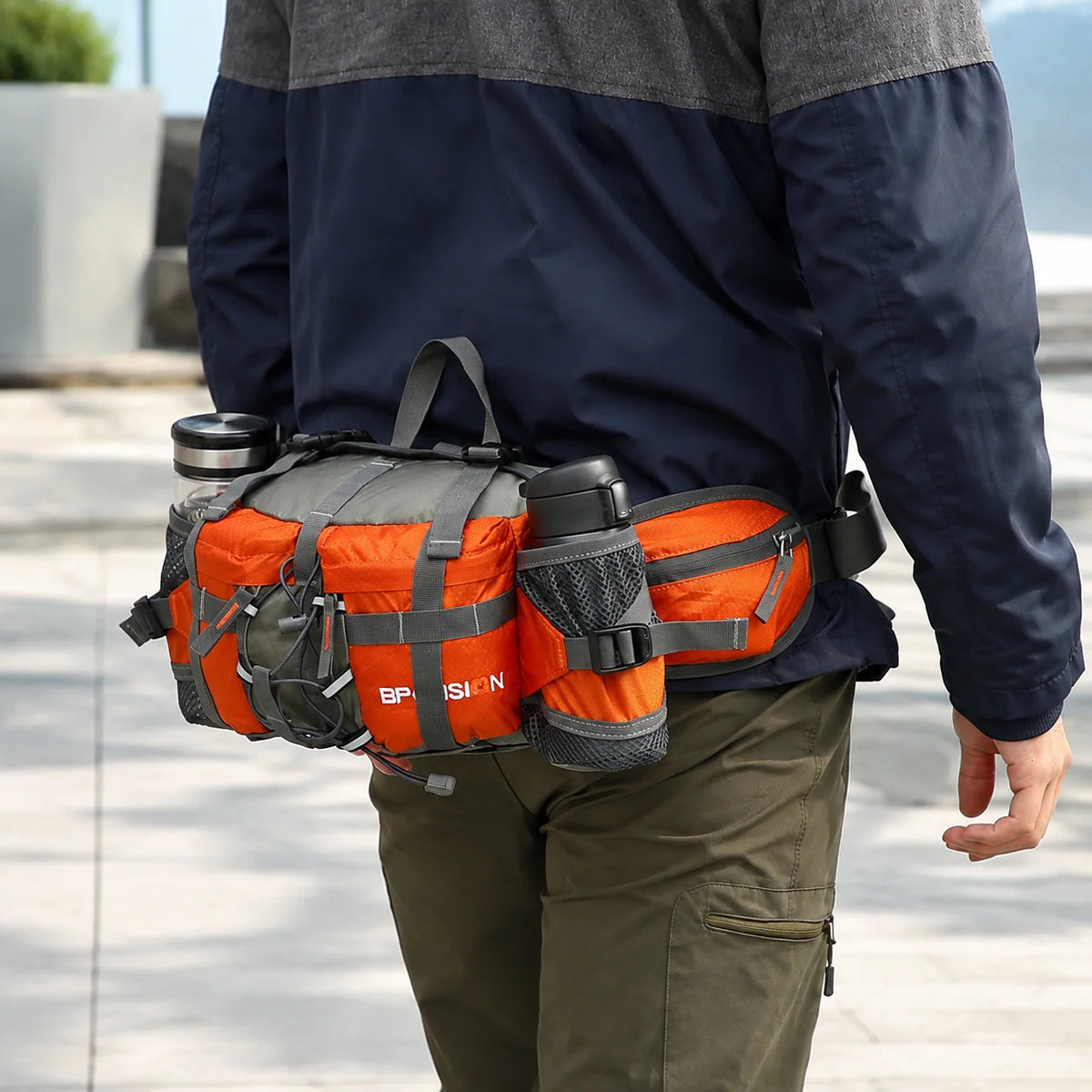 Hiking Waist Pack Dual Bottle Holders Water-Resistant Nylon Zippered Pockets