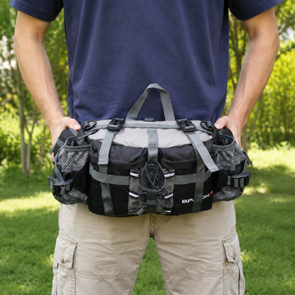 Hiking Waist Pack Dual Bottle Holders Water-Resistant Nylon Zippered Pockets