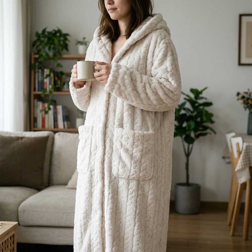 Hooded Long Lounge Robe Relaxed Fit Patch Pockets