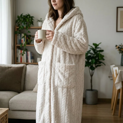 Hooded Long Lounge Robe Relaxed Fit Patch Pockets