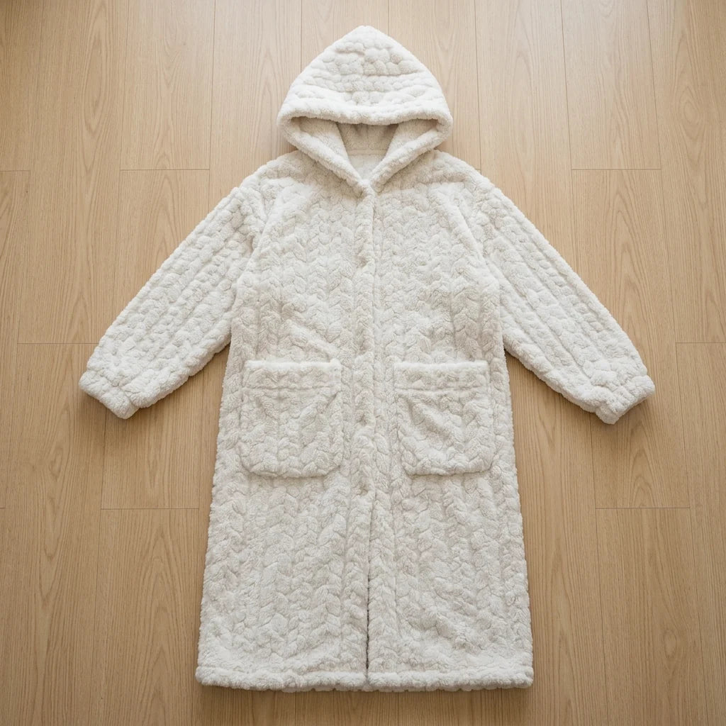 Hooded Long Lounge Robe Relaxed Fit Patch Pockets