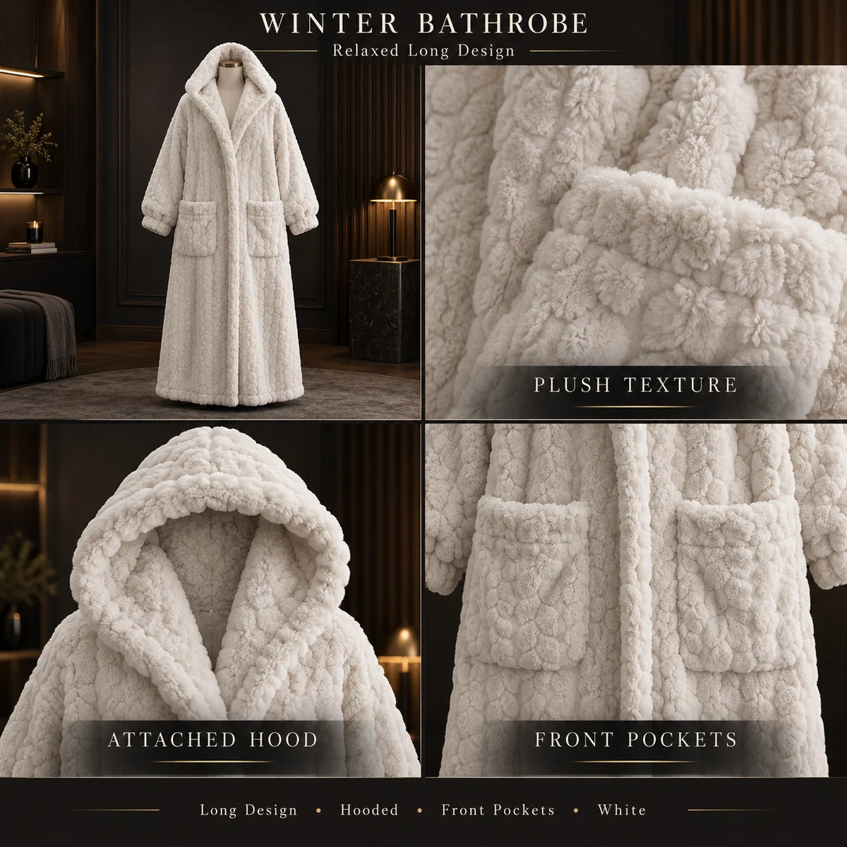 Hooded Long Lounge Robe Relaxed Fit Patch Pockets