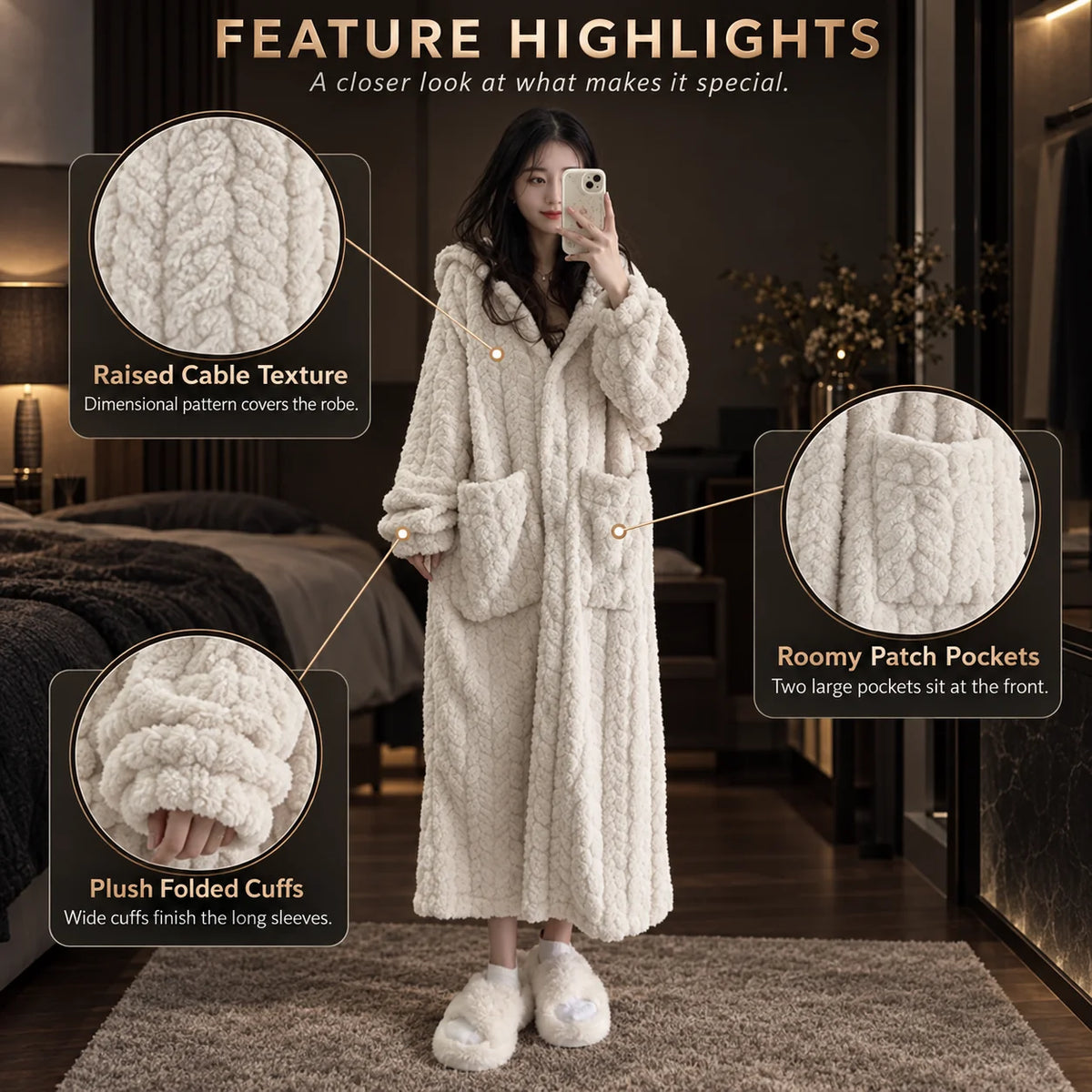 Hooded Long Lounge Robe Relaxed Fit Patch Pockets
