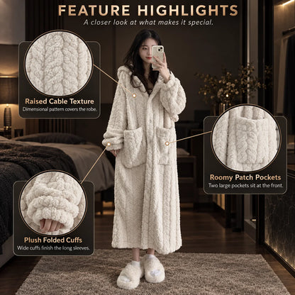 Hooded Long Lounge Robe Relaxed Fit Patch Pockets