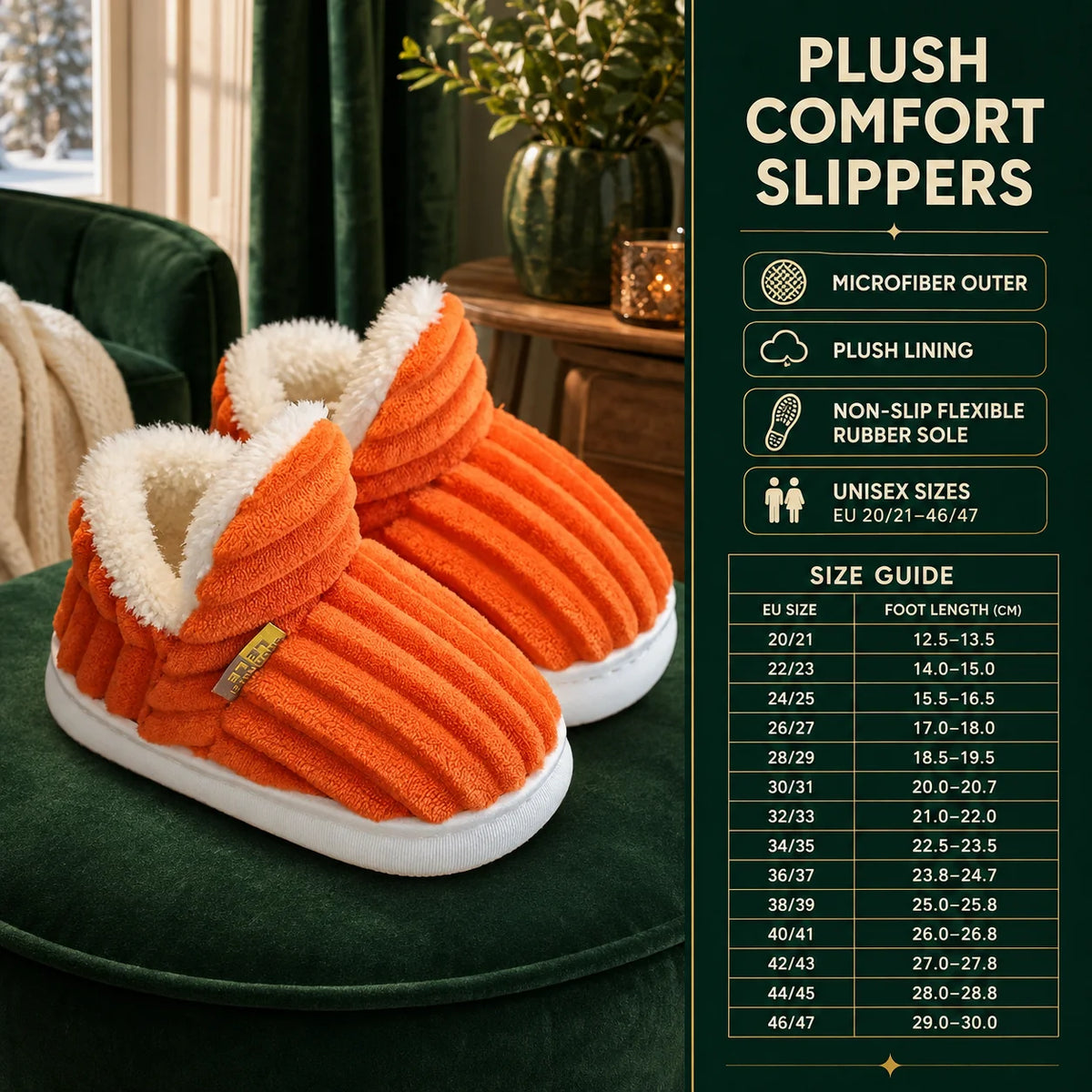 House Slippers Plush Lining & Textured Rubber Sole