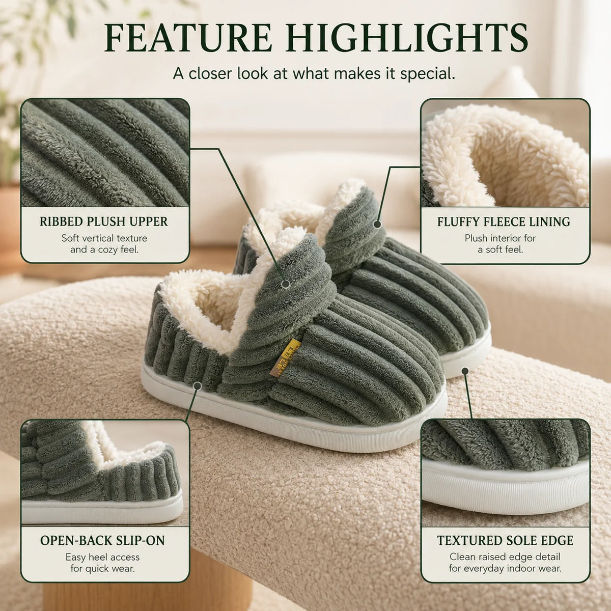 House Slippers Plush Lining & Textured Rubber Sole
