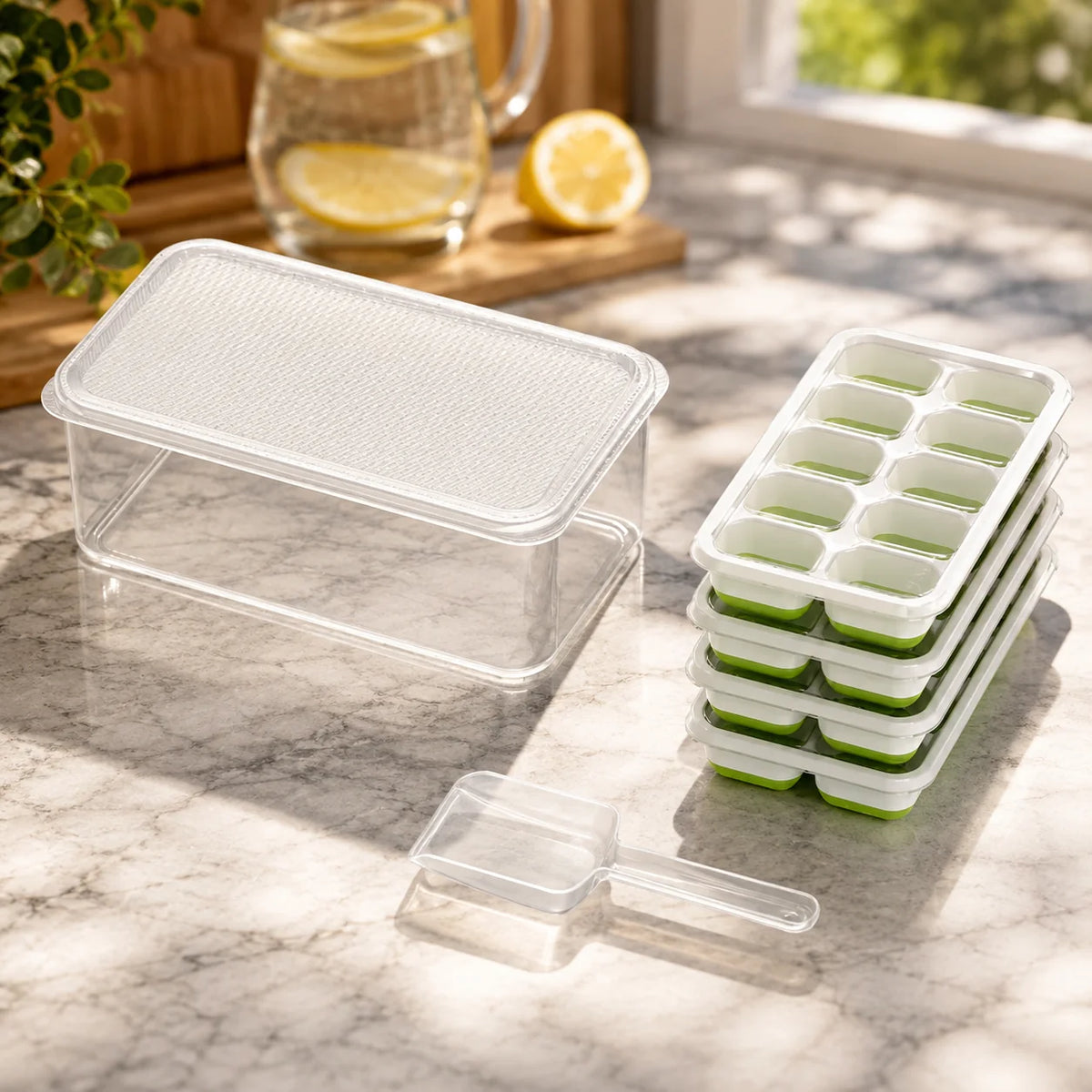 Ice Cube Tray Set Stackable Silicone Storage Bin