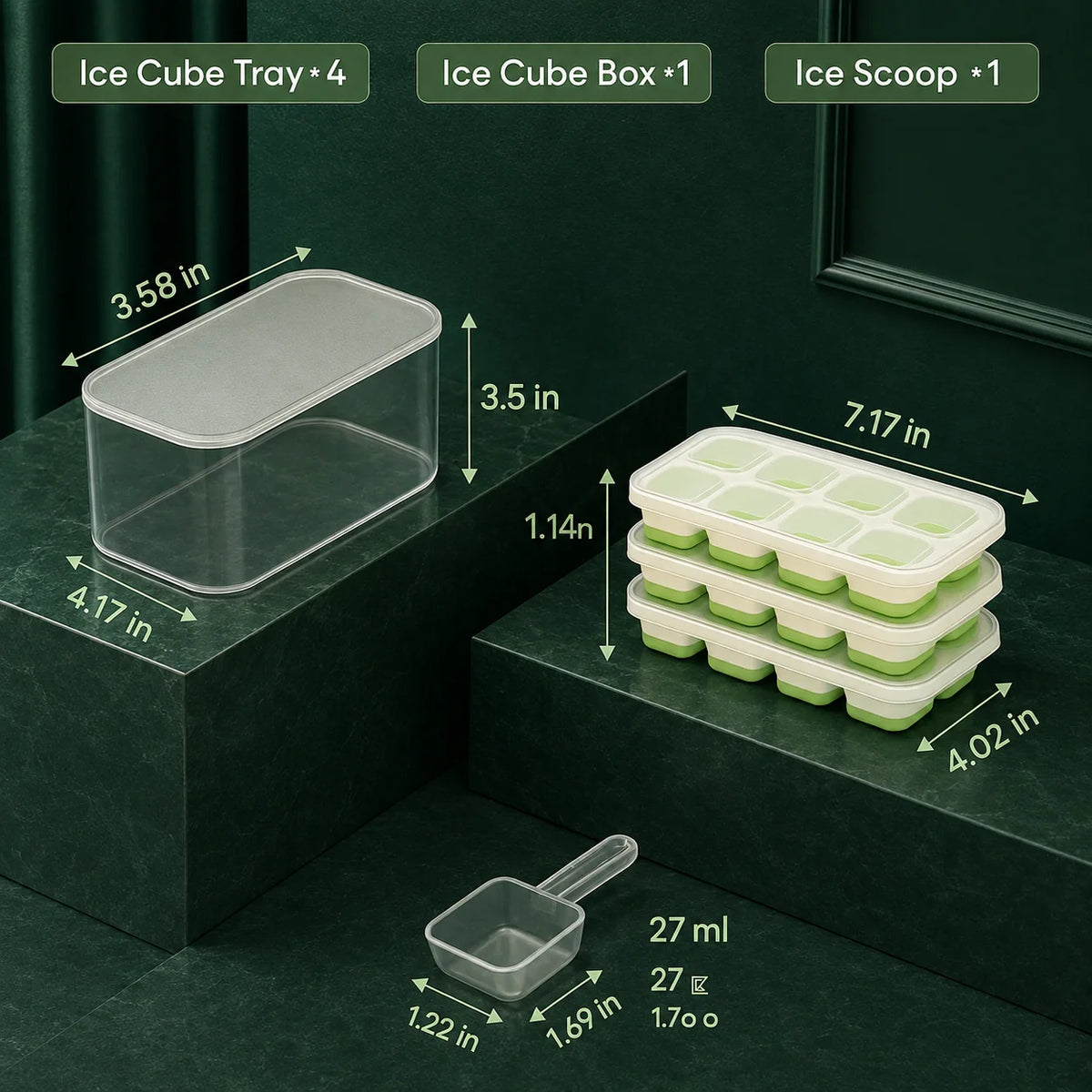Ice Cube Tray Set Stackable Silicone Storage Bin