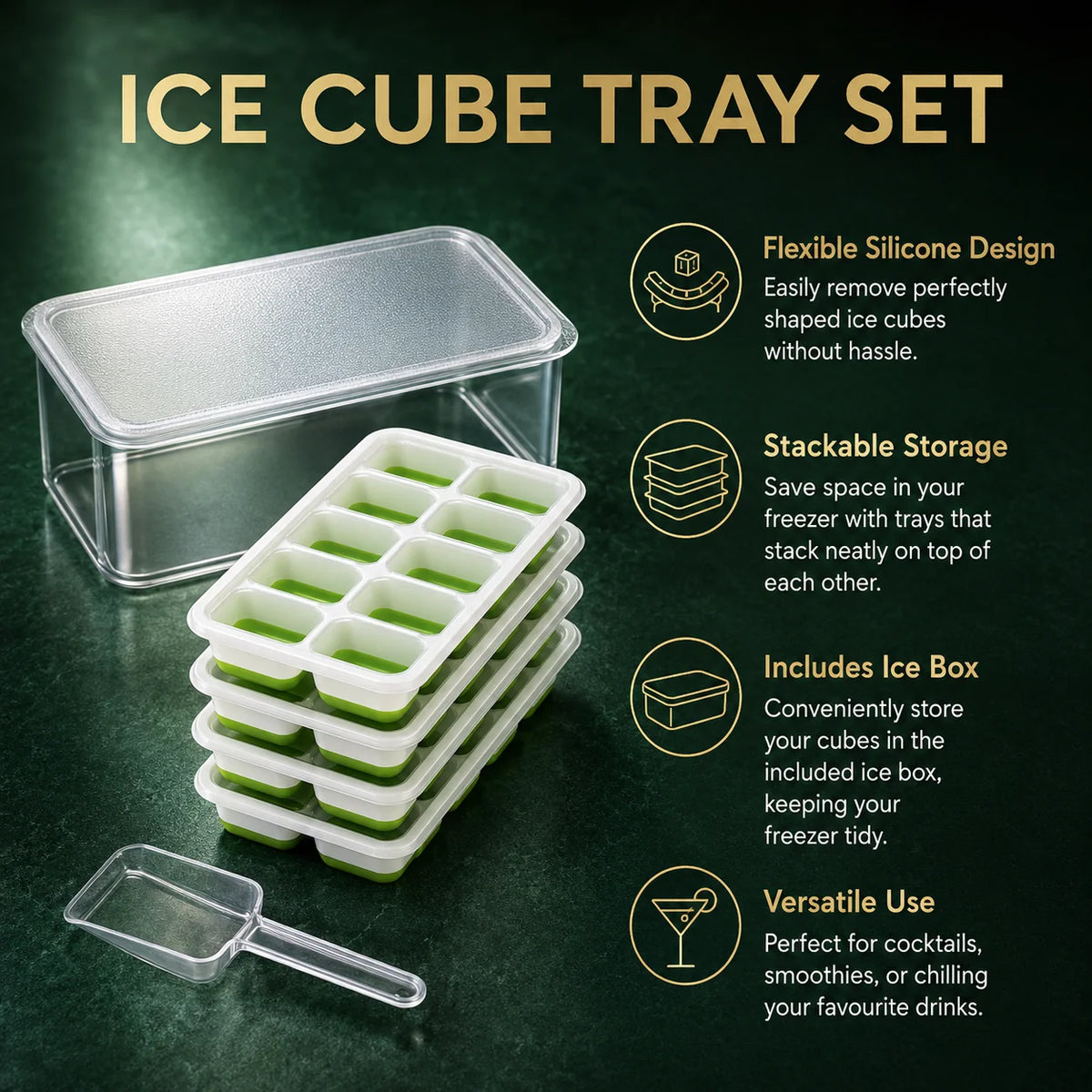 Ice Cube Tray Set Stackable Silicone Storage Bin