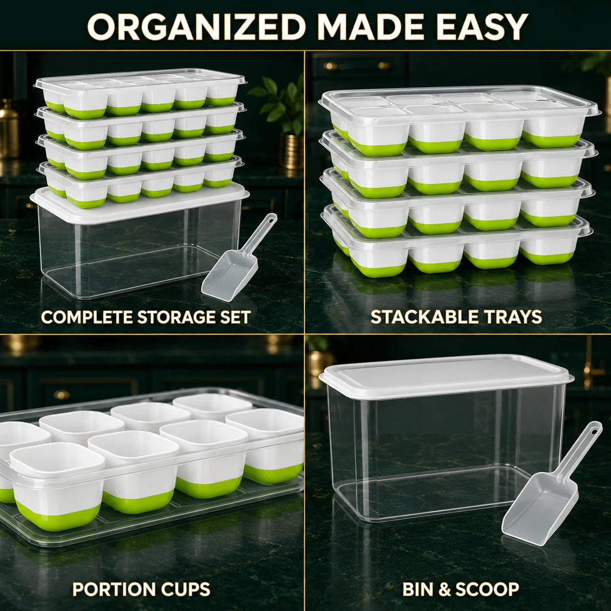 Ice Cube Tray Set Stackable Silicone Storage Bin