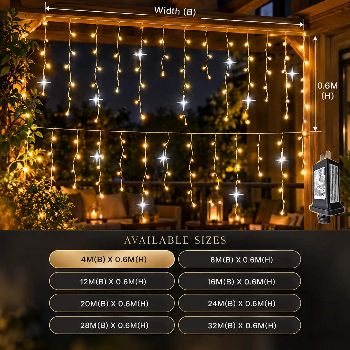 Icicle Curtain Lights Custom Widths Warm White LED & Mounting Kit