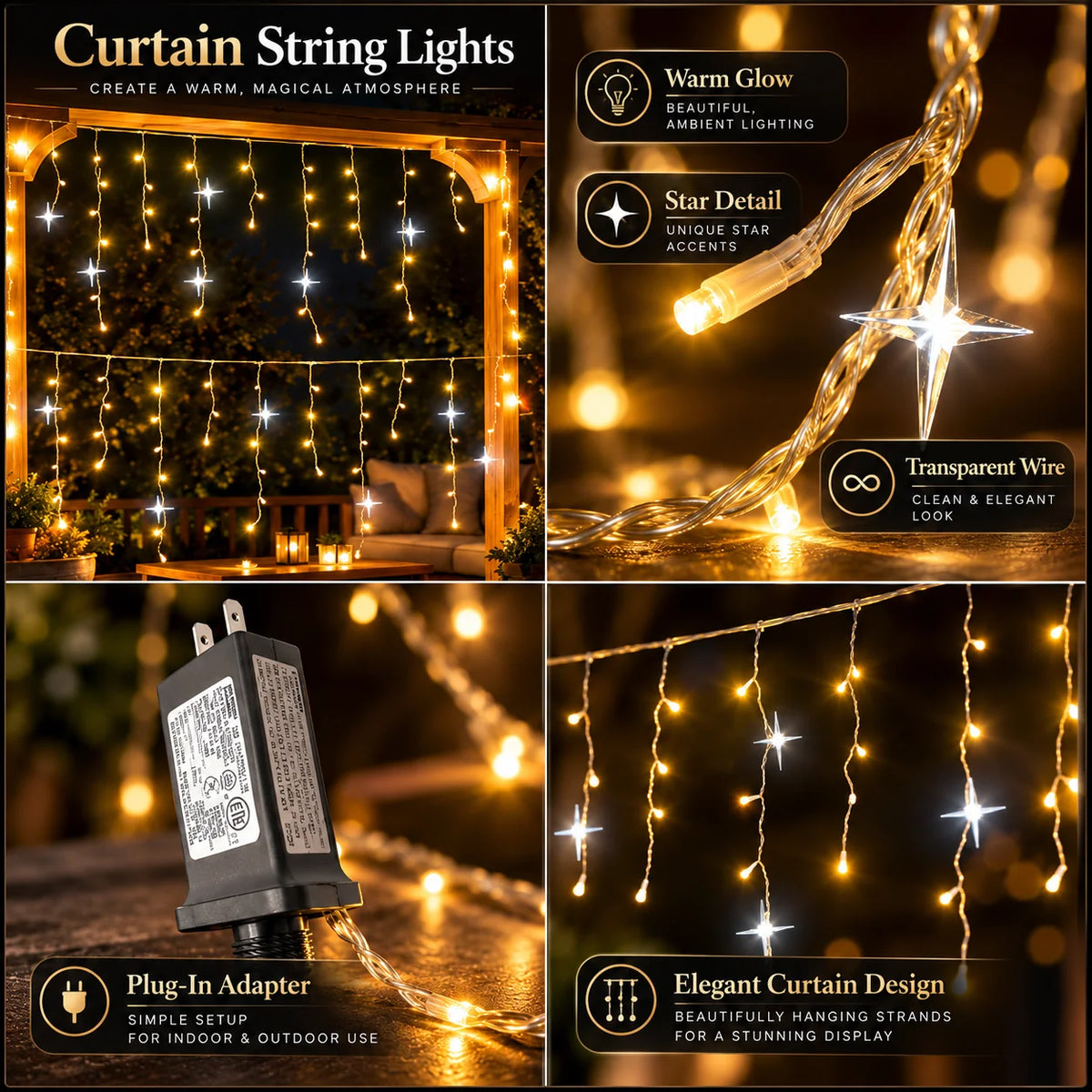 Icicle Curtain Lights Custom Widths Warm White LED & Mounting Kit