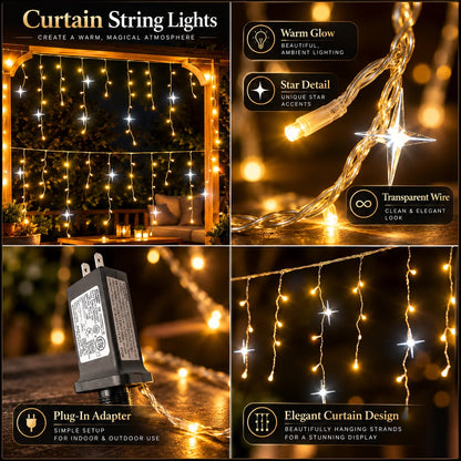 Icicle Curtain Lights Custom Widths Warm White LED & Mounting Kit