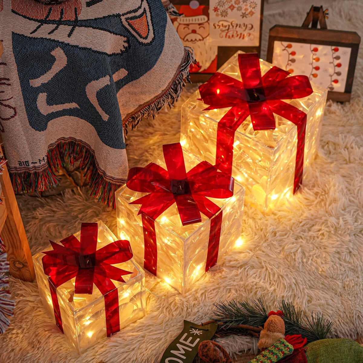 Illuminated Gift Boxes Warm LED Weather-Resistant Set of 3