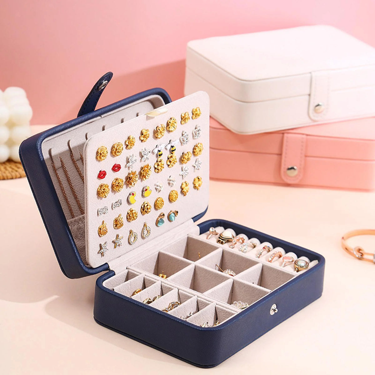 Jewelry Box Leather Flip-Top Multiple Compartments