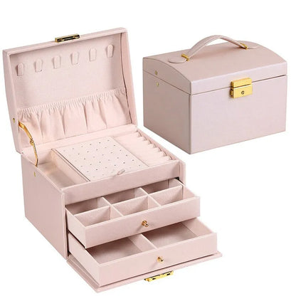 Jewelry Box Three-Layer Velvet-Lined Leather