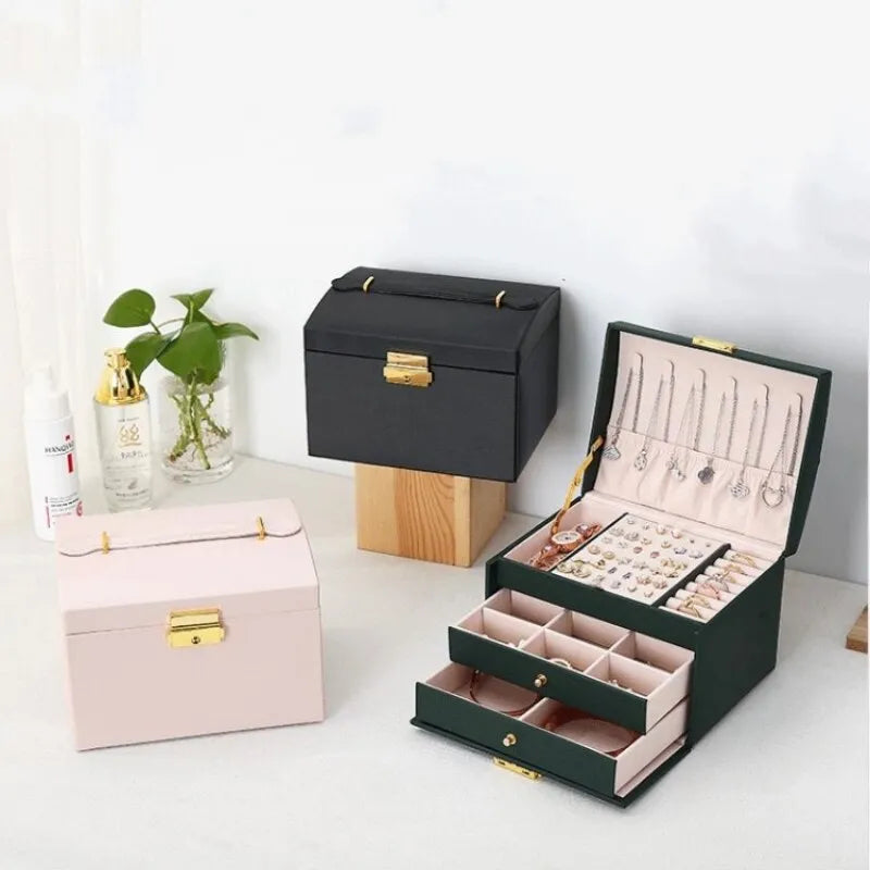 Jewelry Box Three-Layer Velvet-Lined Leather