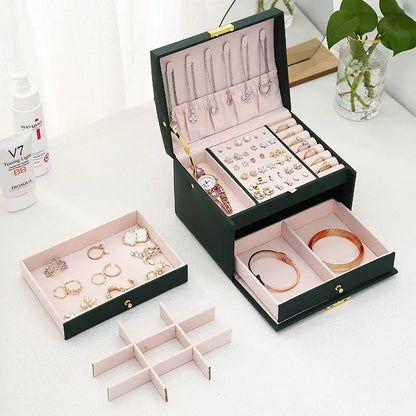 Jewelry Box Three-Layer Velvet-Lined Leather