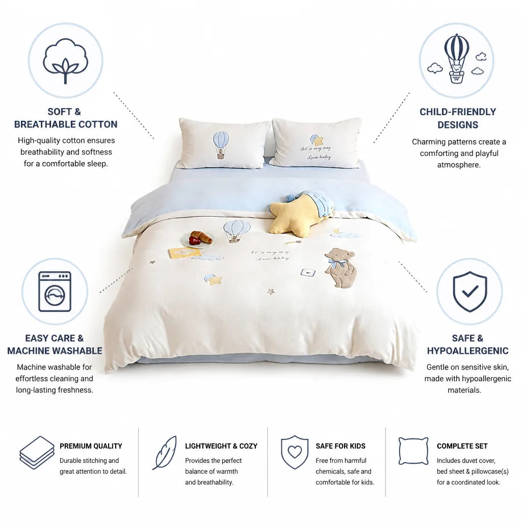 Kids Bedding Set Cotton Breathable Teddy & Balloon Print