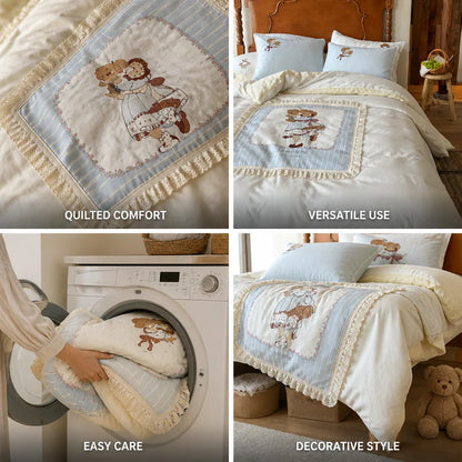Kids Bedding Set Quilted Bear Motif Lace Ruffle 4-Piece