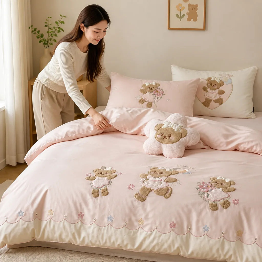 Kids Bedding Set Silky Cotton Satin Embroidered Teddy Appliques
