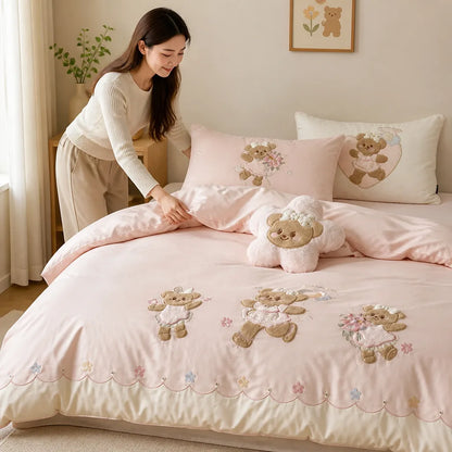 Kids Bedding Set Silky Cotton Satin Embroidered Teddy Appliques