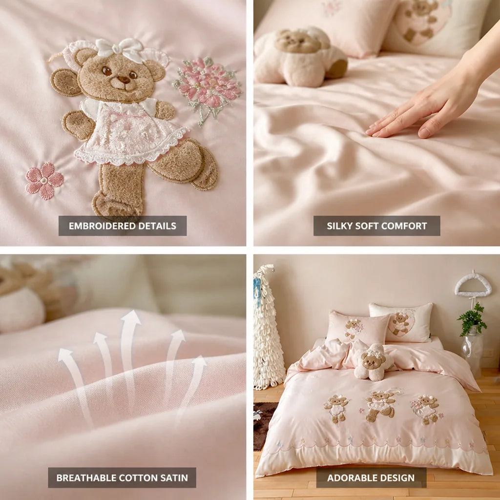 Kids Bedding Set Silky Cotton Satin Embroidered Teddy Appliques