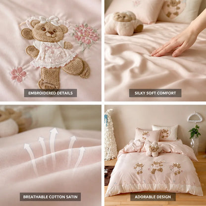 Kids Bedding Set Silky Cotton Satin Embroidered Teddy Appliques