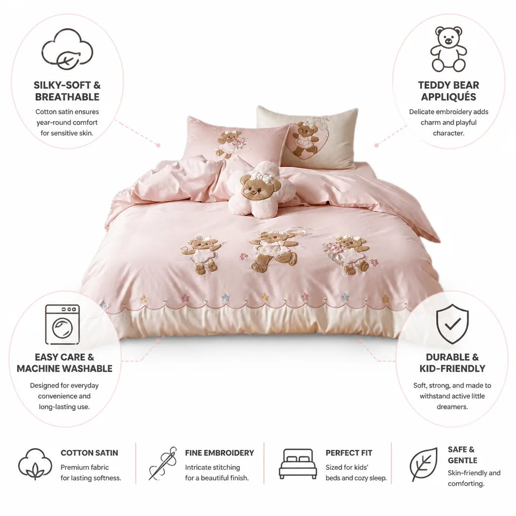 Kids Bedding Set Silky Cotton Satin Embroidered Teddy Appliques
