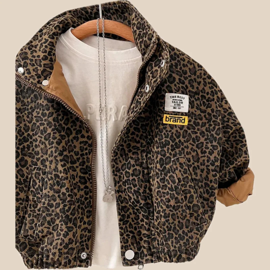 Kids Jacket Leopard Print Zipper Closure & Breathable Fabric