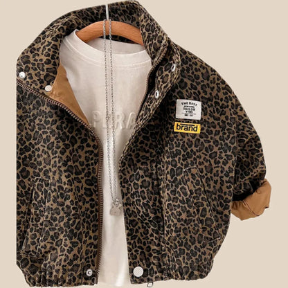 Kids Jacket Leopard Print Zipper Closure & Breathable Fabric