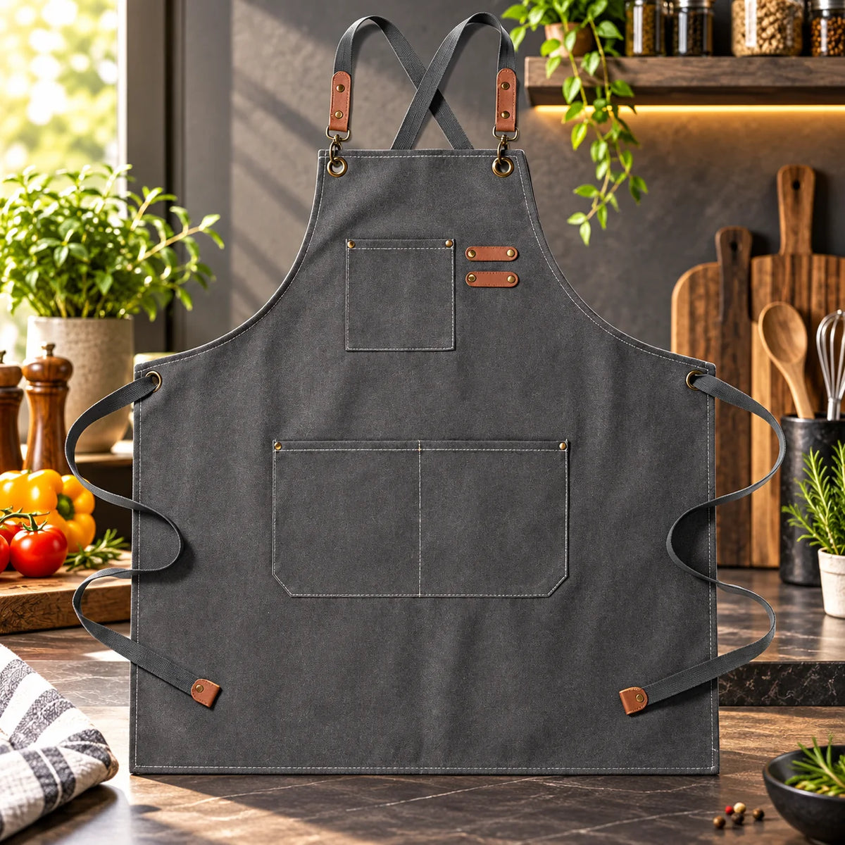 Kitchen Apron Canvas Bib Front Pockets Adjustable Straps