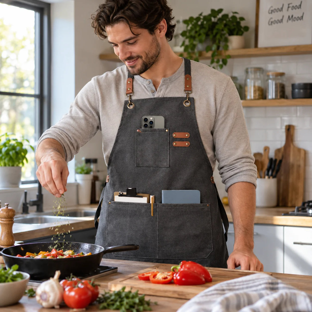 Kitchen Apron Canvas Bib Front Pockets Adjustable Straps