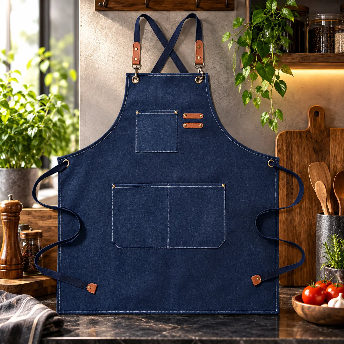 Kitchen Apron Canvas Bib Front Pockets Adjustable Straps