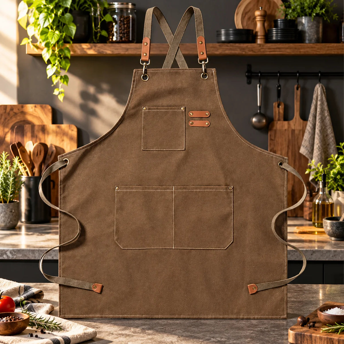 Kitchen Apron Canvas Bib Front Pockets Adjustable Straps