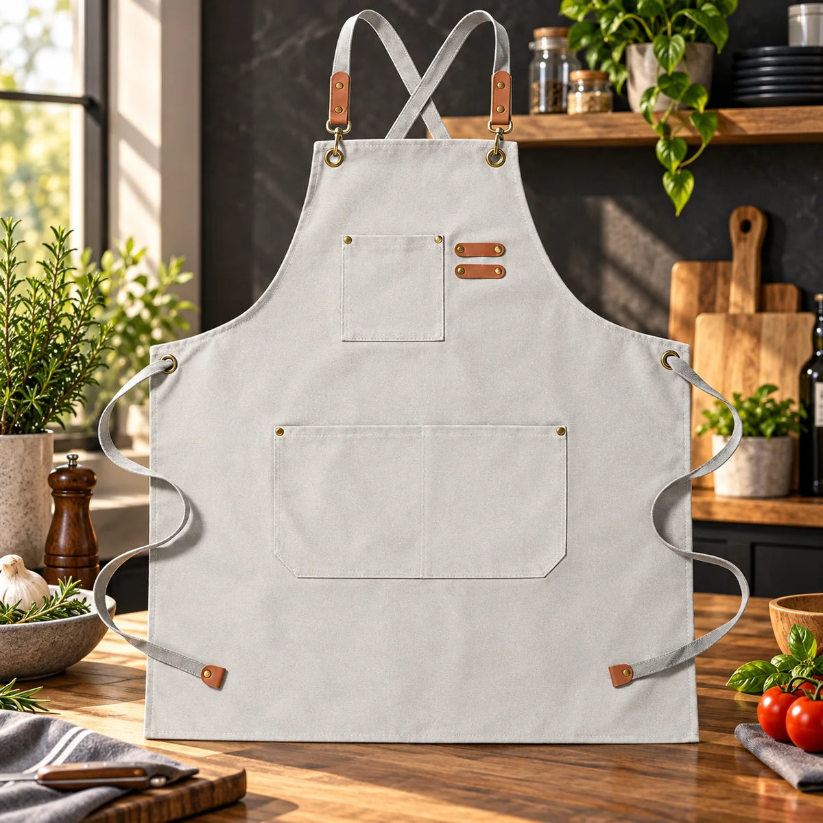 Kitchen Apron Canvas Bib Front Pockets Adjustable Straps